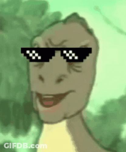A Cartoon Dinosaur Wearing Sunglasses Is Smiling And Looking At The Camera GIF