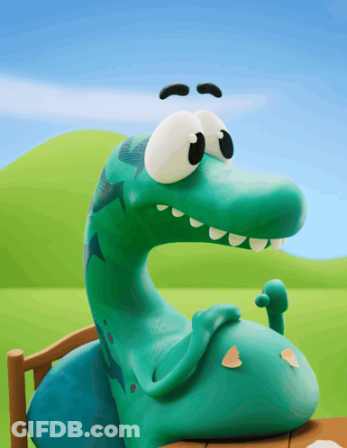 A Cartoon Dinosaur With A Sad Look On His Face Is Sitting On A Bench GIF