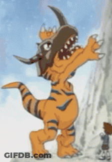 A Cartoon Dinosaur With Horns Is Standing On A Snowy Hill GIF