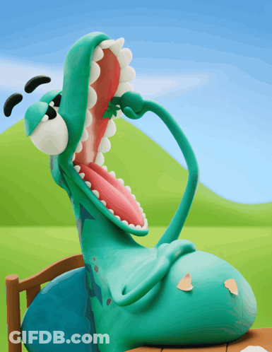 A Cartoon Dinosaur With Its Mouth Wide Open Eating Something GIF