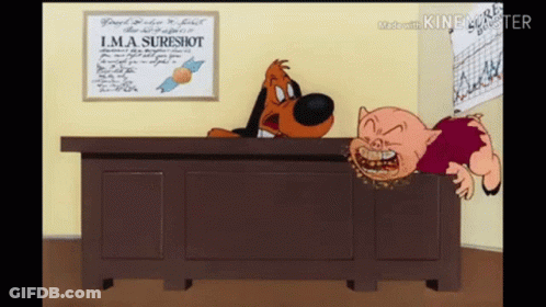 A Cartoon Dog And Pig Are Sitting At A Desk With A Sign That Says I.m.a. Sureshot GIF