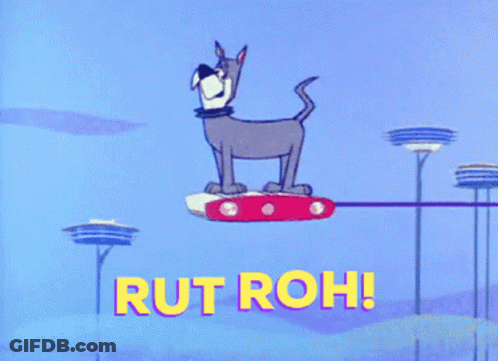 A Cartoon Dog Flying Through The Air With The Words Rut Roh GIF