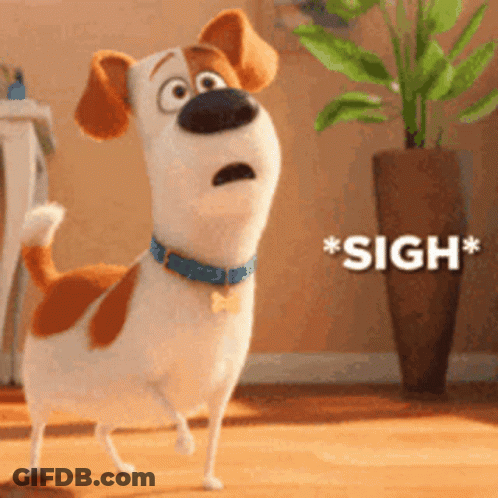 A Cartoon Dog From The Secret Life Of Pets Is Standing In A Room With A Plant . GIF