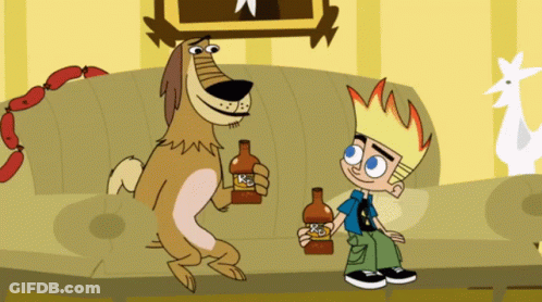 A Cartoon Dog Holding A Bottle Of R & B GIF
