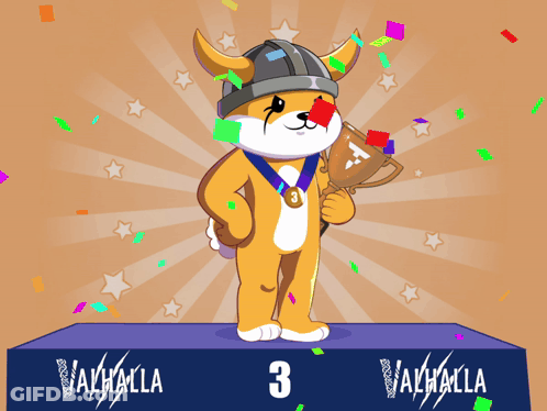 A Cartoon Dog Holding A Trophy On A Podium With The Number 3 On It GIF