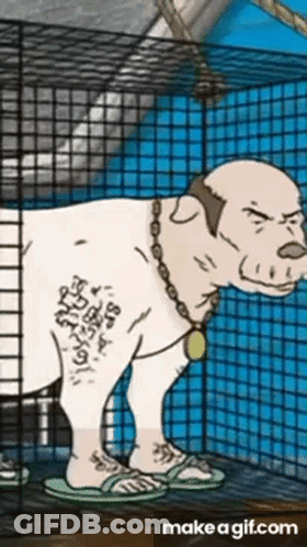 Cartoon Dog In Cage With Tattoo GIF