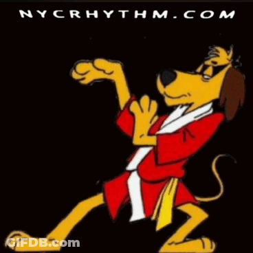 A Cartoon Dog In A Red Robe With Nycrhythm.com Written Below It GIF