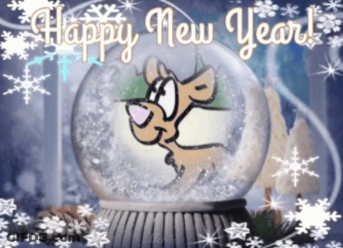 A Cartoon Dog In A Snow Globe With The Words Happy New Year Written On It GIF