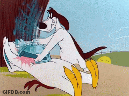 A Cartoon Dog Is Cleaning A Chicken 'S Feet With A Brush GIF