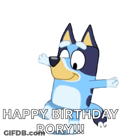 A Cartoon Dog Is Dancing With The Words `` Happy Birthday Rory !!! '' GIF