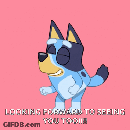 A Cartoon Dog Is Dancing With The Words Looking Forward To Seeing You Too GIF