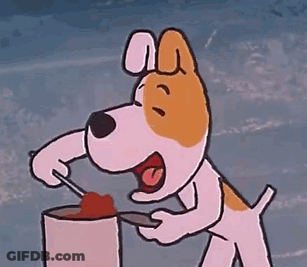 A Cartoon Dog Is Eating A Strawberry Out Of A Can With A Spoon . GIF