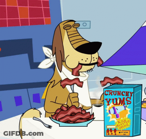 A Cartoon Dog Is Eating Crunchy Yums Cereal GIF