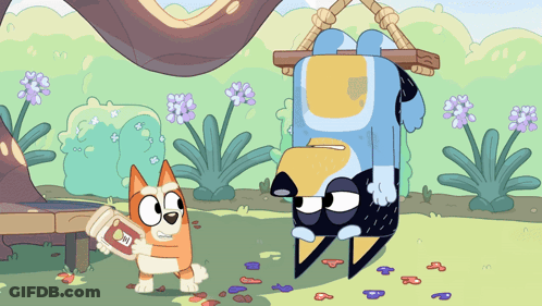 A Cartoon Dog Is Holding A Bottle Of Ketchup Next To A Blue Dog GIF