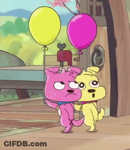 A Cartoon Dog Is Holding A Pink Balloon And A Yellow Balloon GIF