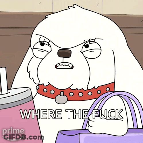 A Cartoon Dog Is Holding A Pink Drink And A Purple Purse And Says Where The Fuck GIF
