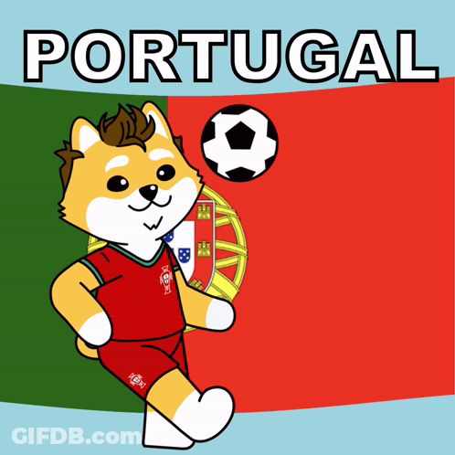 A Cartoon Dog Is Holding A Soccer Ball In Front Of A Flag And The Word Portugal GIF