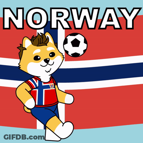 A Cartoon Dog Is Holding A Soccer Ball In Front Of A Flag With The Word Norway On It GIF