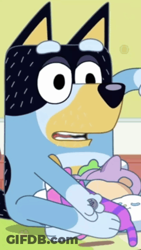 A Cartoon Dog Is Holding A Stuffed Animal While Sitting On The Floor GIF