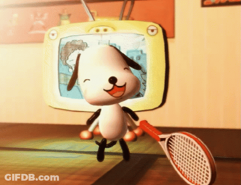A Cartoon Dog Is Holding A Tennis Racquet In Front Of A Tv GIF
