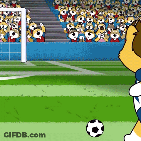 A Cartoon Dog Is Kicking A Soccer Ball In Front Of A Crowd Of Dogs GIF