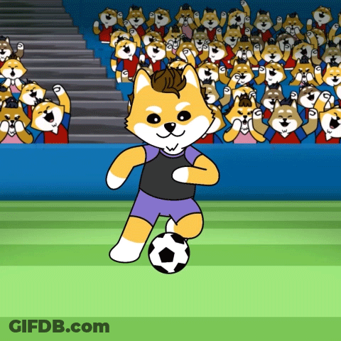A Cartoon Dog Is Kicking A Soccer Ball In Front Of A Crowd Of Dogs GIF