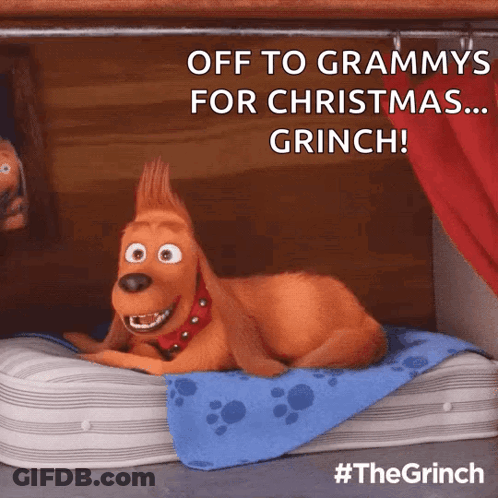 A Cartoon Dog Is Laying On A Bed With The Words Off To Grammys For Christmas Grinch GIF