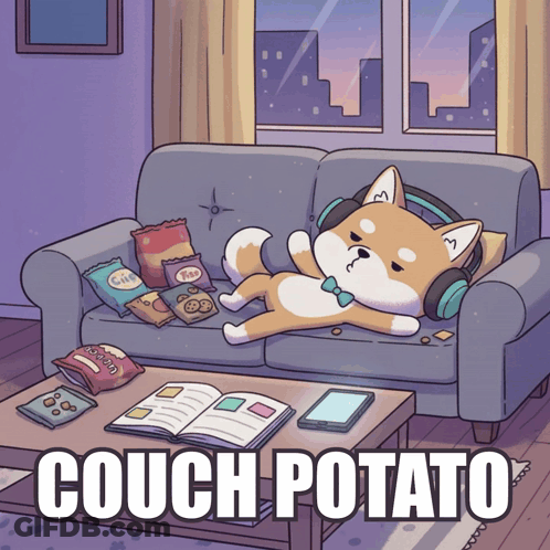 A Cartoon Dog Is Laying On A Couch With Headphones On GIF