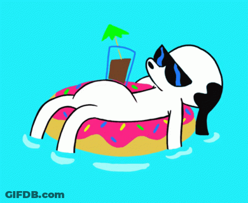 A Cartoon Dog Is Laying On A Donut Float With A Drink GIF