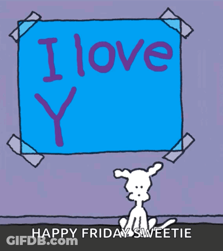 A Cartoon Dog Is Looking At A Sign That Says " I Love You " GIF