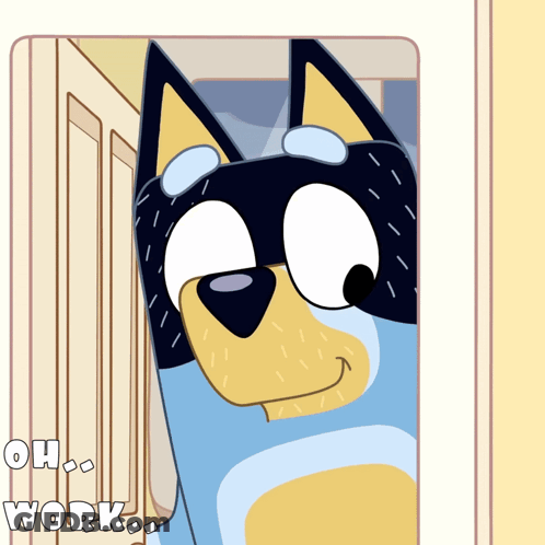 A Cartoon Dog Is Looking Out Of A Door With The Words Oh Work Below Him GIF