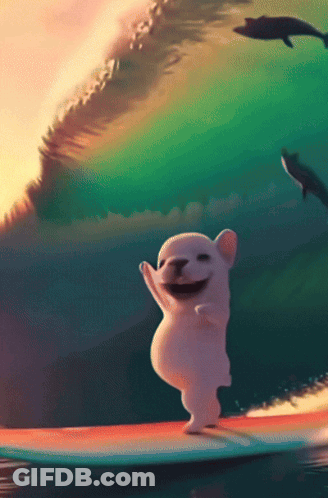 A Cartoon Dog Is Riding A Wave On A Surfboard In The Ocean GIF