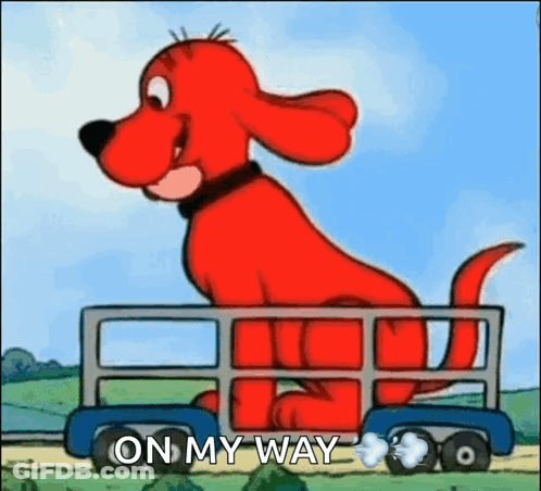 A Cartoon Dog Is Riding In A Trailer With The Words `` On My Way '' Written On It . GIF