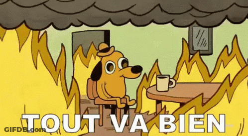 A Cartoon Dog Is Sitting At A Table With A Cup Of Coffee In Front Of A Burning House . GIF