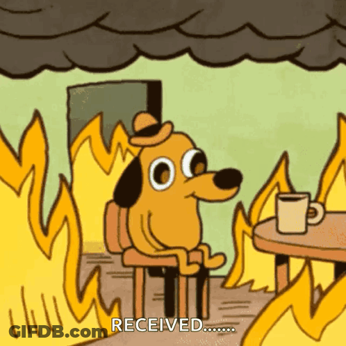 A Cartoon Dog Is Sitting In A Chair In Front Of A Fire And Says Received . GIF