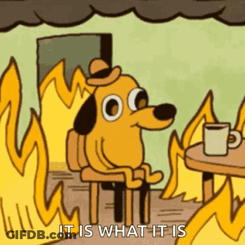 A Cartoon Dog Is Sitting In Front Of A Fire With The Words " It Is What It Is " Above Him GIF