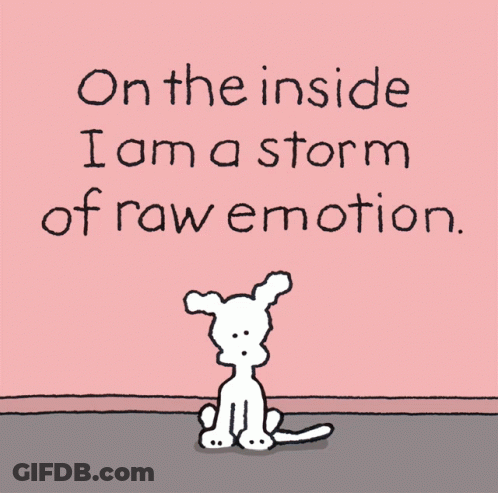 A Cartoon Dog Is Sitting In Front Of A Pink Wall With The Words " On The Inside I Am A Storm Of Raw Emotion " GIF