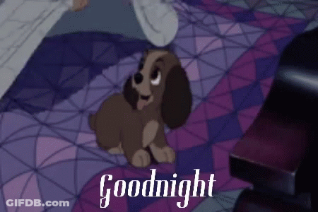 A Cartoon Dog Is Sitting On A Bed With The Words `` Goodnight '' Written On The Bottom . GIF