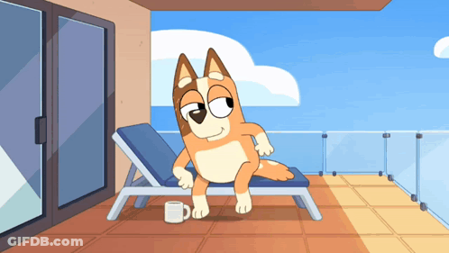 A Cartoon Dog Is Sitting On A Lounge Chair On A Balcony With A Cup Of Coffee GIF