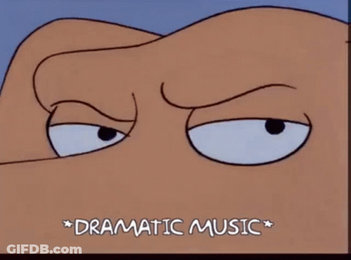 A Cartoon Dog Is Sitting On A Sidewalk Next To A Sign That Says " Dramatic Music " GIF