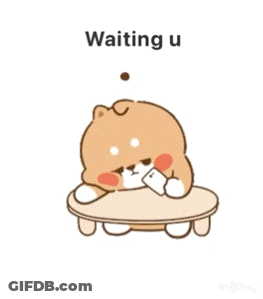 A Cartoon Dog Is Sitting On A Table Holding A Cell Phone And Waiting For Someone . GIF