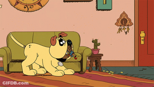 A Cartoon Dog Is Sniffing A Stuffed Animal On A Green Couch GIF