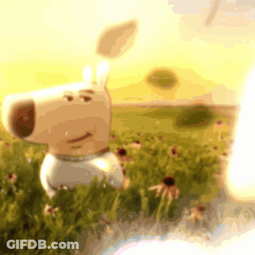 A Cartoon Dog Is Standing In A Field Of Flowers With A Sunset In The Background GIF