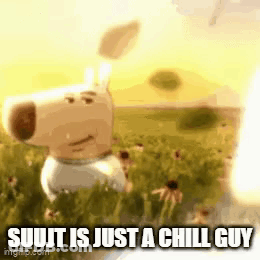 A Cartoon Dog Is Standing In A Field Of Flowers With The Words `` Sujjt Is Just A Chill Guy '' . GIF