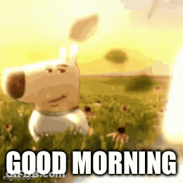 A Cartoon Dog Is Standing In A Field With The Words " Good Morning " Below It GIF
