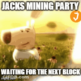 A Cartoon Dog Is Standing In A Field With The Words Jacks Mining Party Waiting For The Next Block GIF