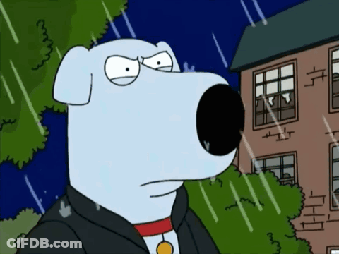 A Cartoon Dog Is Standing In Front Of A Brick Building In The Rain GIF