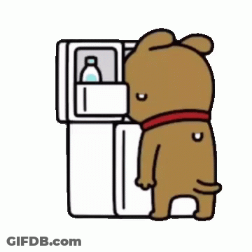A Cartoon Dog Is Standing In Front Of A Refrigerator With A Bottle Of Water In It . GIF