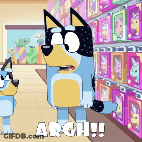 A Cartoon Dog Is Standing In Front Of A Shelf Of Unicorn Toys And Says " Argh " In White Letters GIF