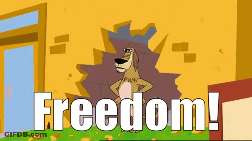 A Cartoon Dog Is Standing In Front Of A Wall With The Word Freedom Written On It GIF